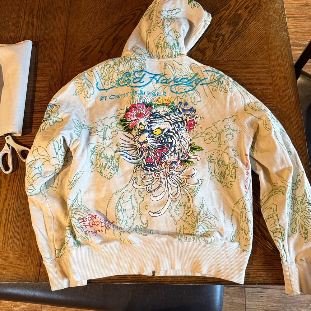 Vintage Ed Hardy Cream Hoodie with Floral Embroidery